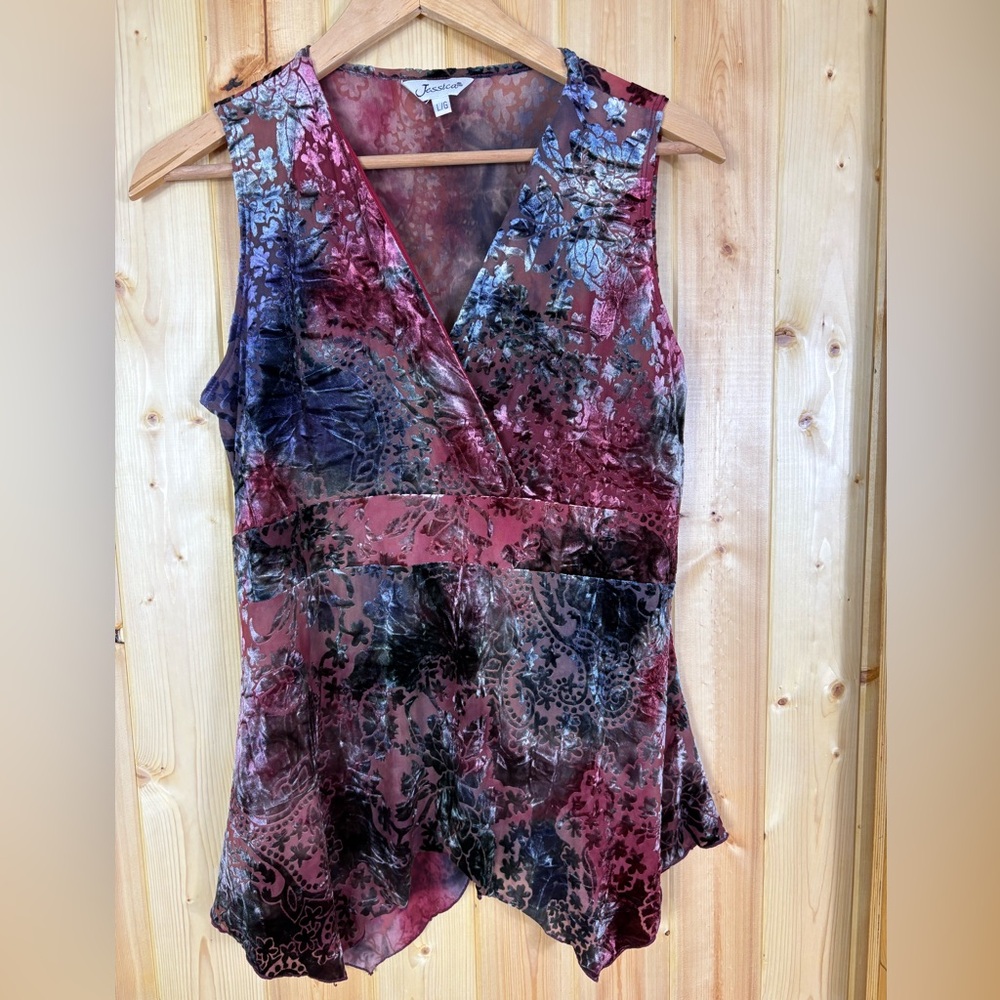 Vintage Jessica Women’s Mesh and Floral Crushed  Velvet Blouse Gypsy Y2K LARGE
